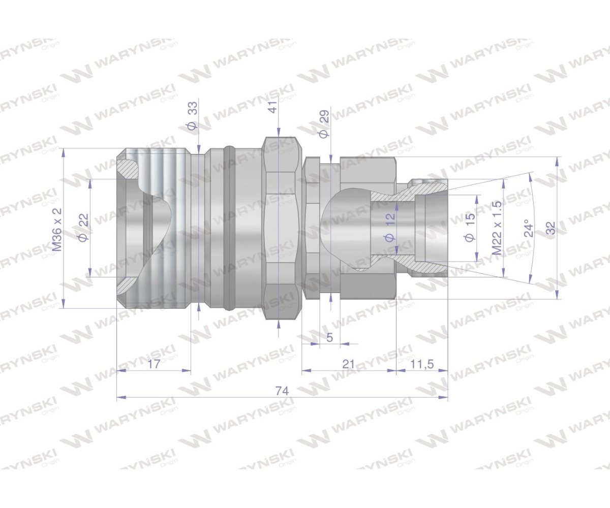 Szybkozłącze hydrauliczne skręcane gniazdo M22x1.5 gwint zewnętrzny 300bar Waryński