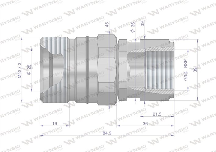Szybkozłącze hydrauliczne skręcane gniazdo G3/4"BSP gwint wewnętrzny 250bar Waryński