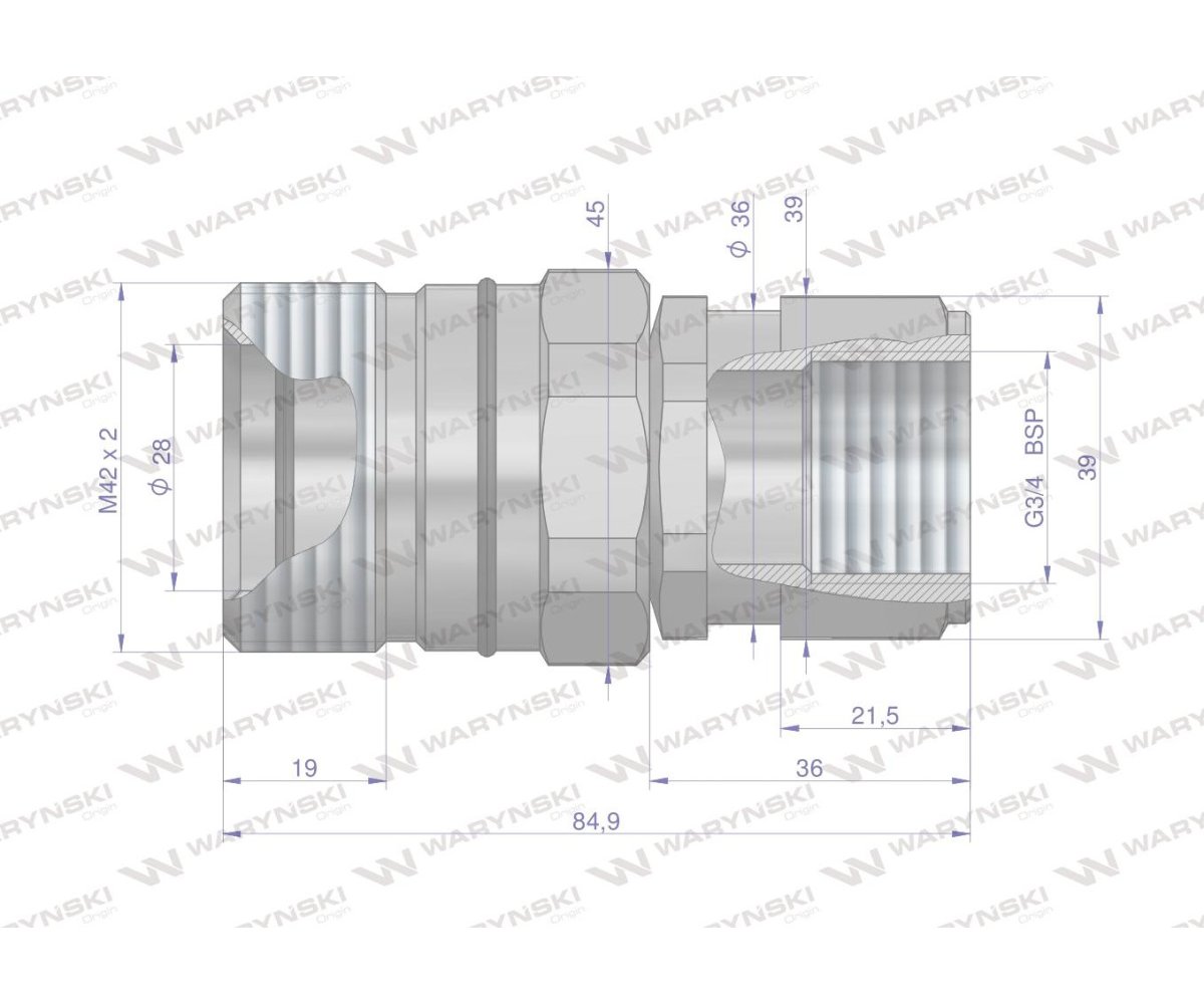 Szybkozłącze hydrauliczne skręcane gniazdo G3/4"BSP gwint wewnętrzny 250bar Waryński