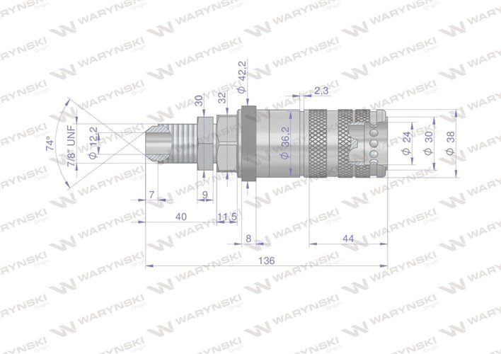 Szybkozłącze hydrauliczne zrywalne seria WIA3CV (3CFPV) 68 l/min gniazdo long 7/8" UNF gwint zewnętrzny EURO PUSH-PULL (ISO 7241