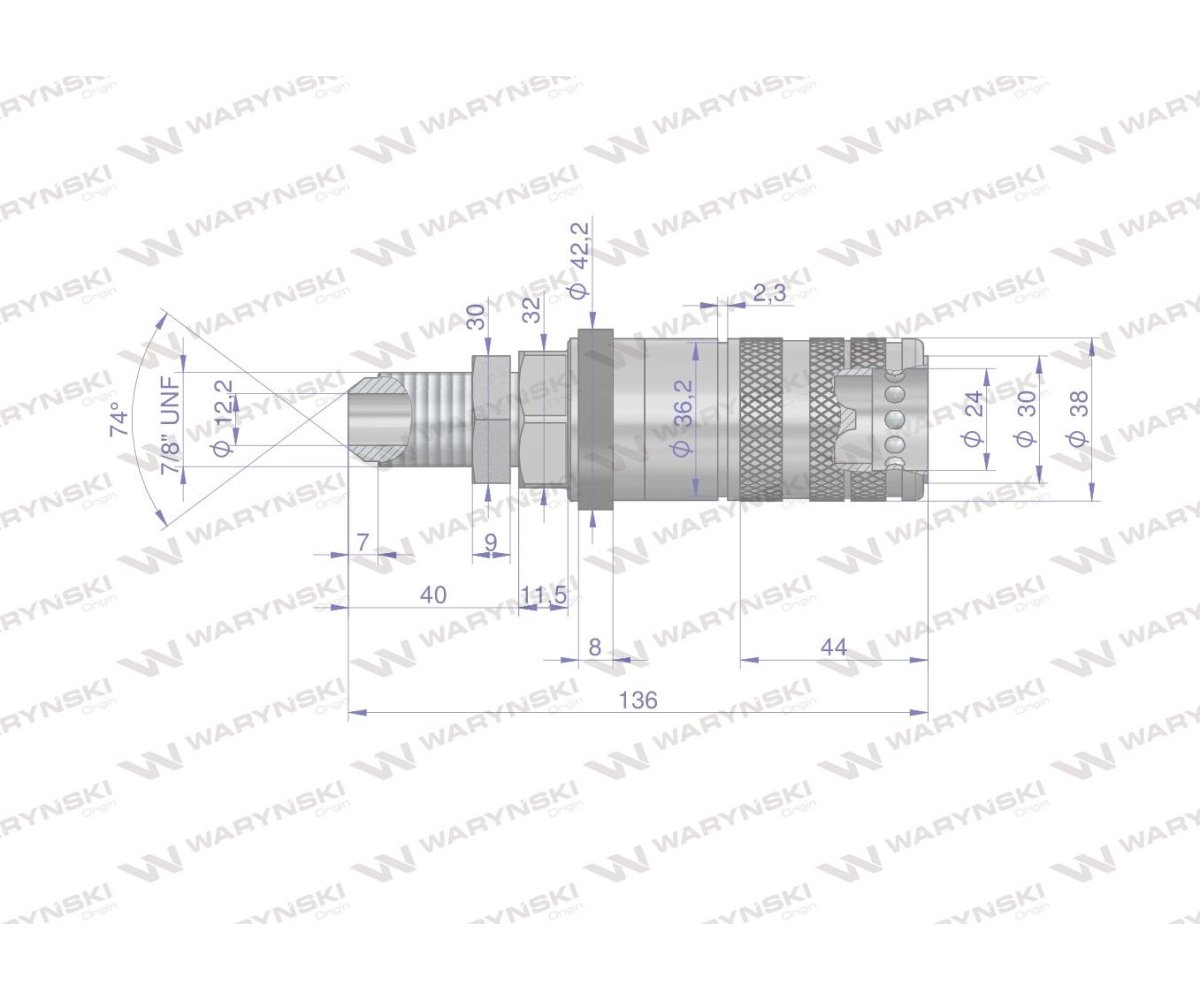 Szybkozłącze hydrauliczne zrywalne seria WIA3CV (3CFPV) 68 l/min gniazdo long 7/8" UNF gwint zewnętrzny EURO PUSH-PULL (ISO 7241