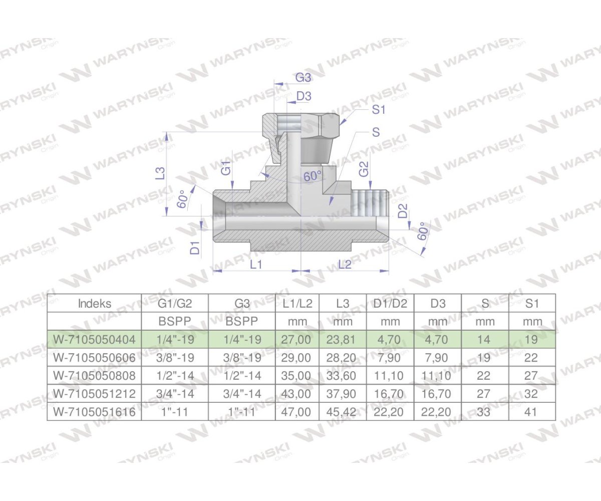 Trójnik hydrauliczny symetryczny calowy BAB 1/4" BSP (XEVT) Waryński