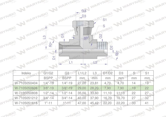 Trójnik hydrauliczny symetryczny calowy BAB 3/8" BSP (XEVT) Waryński