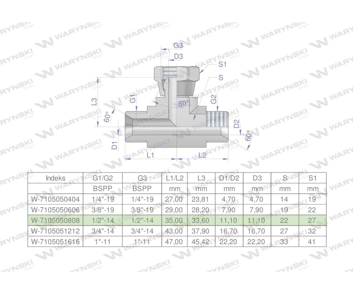 Trójnik hydrauliczny symetryczny calowy BAB 1/2" BSP (XEVT) Waryński