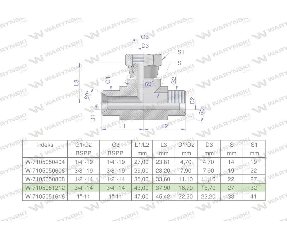 Trójnik hydrauliczny symetryczny calowy BAB 3/4" BSP (XEVT) Waryński