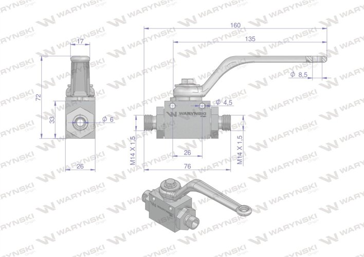 Zawór kulowy hydrauliczny 2-drogowy 2/2 M14x1.5 08L z otworami mocującymi 500 bar Waryński