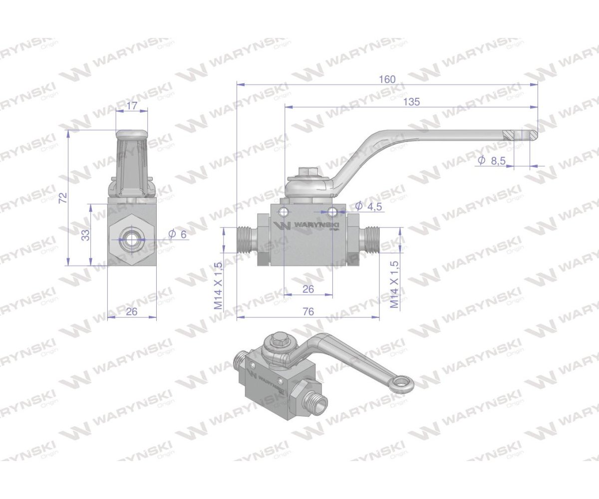 Zawór kulowy hydrauliczny 2-drogowy 2/2 M14x1.5 08L z otworami mocującymi 500 bar Waryński