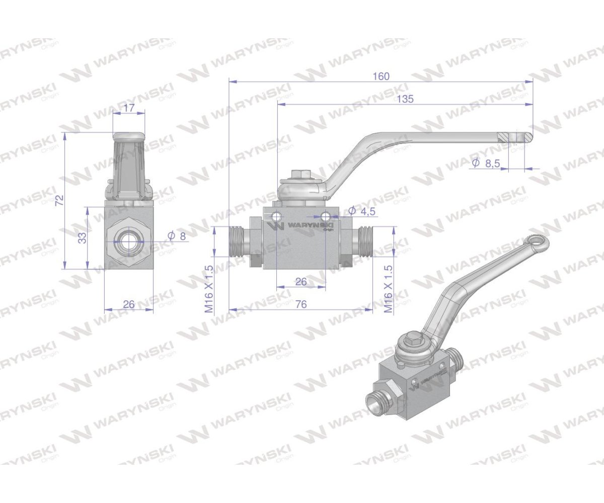 Zawór kulowy hydrauliczny 2-drogowy 2/2 M16x1.5 10L z otworami mocującymi 500 bar Waryński