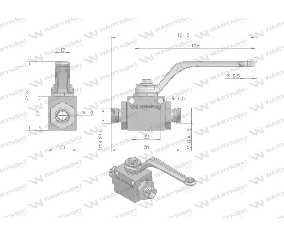 Zawór kulowy hydrauliczny 2-drogowy 2/2 M18x1.5 12L z otworami mocującymi 500 bar Waryński