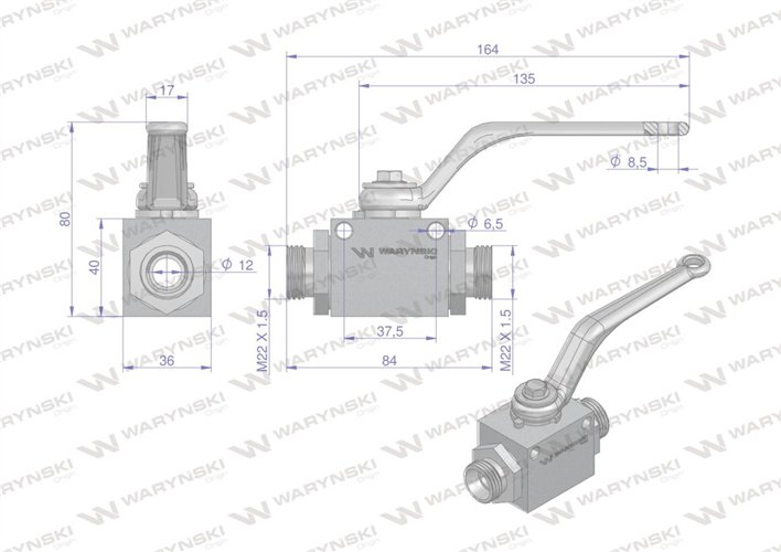 Zawór kulowy hydrauliczny 2-drogowy 2/2 M22x1.5 15L z otworami mocującymi 500 bar Waryński
