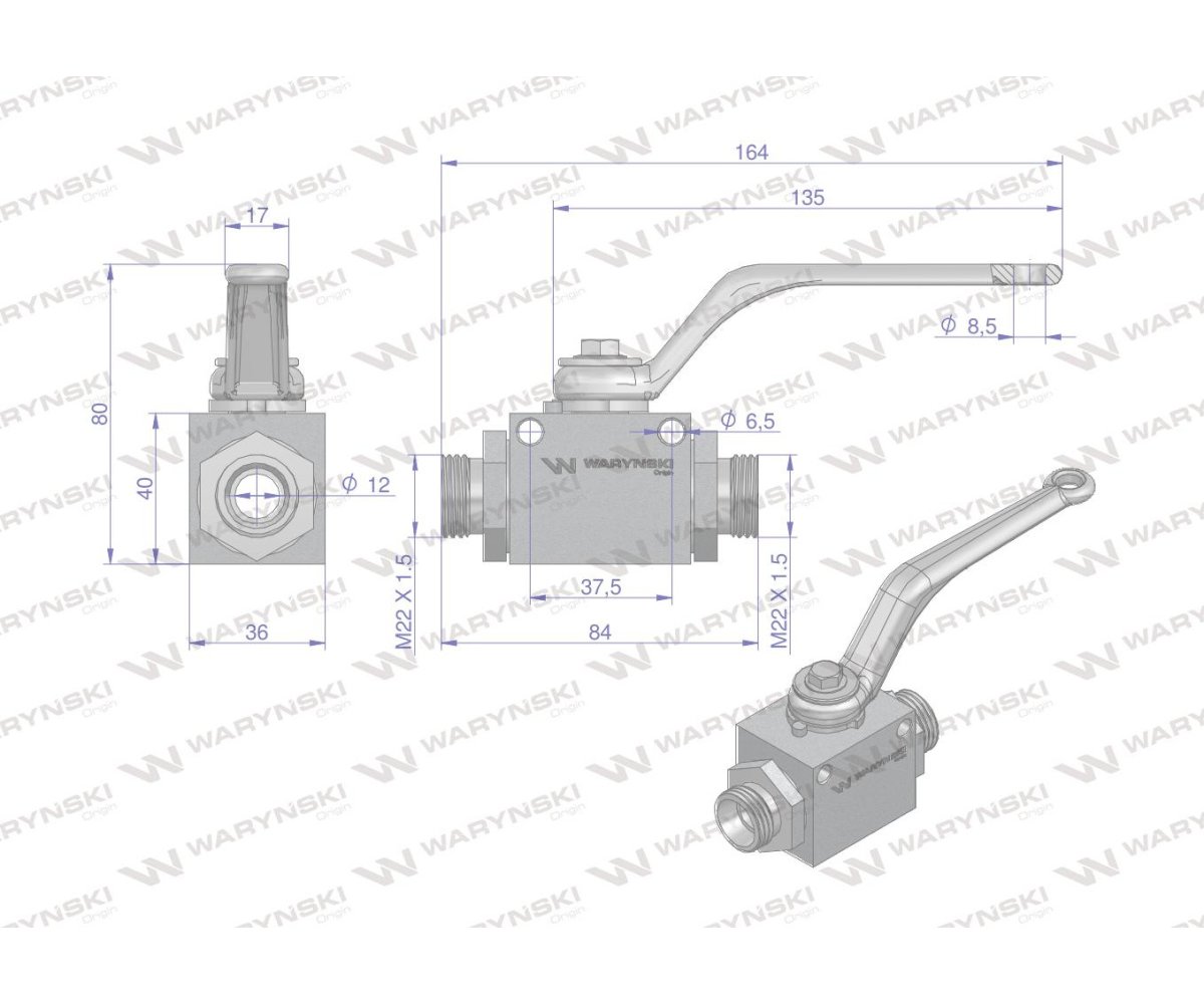 Zawór kulowy hydrauliczny 2-drogowy 2/2 M22x1.5 15L z otworami mocującymi 500 bar Waryński