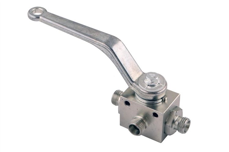 Zawór kulowy hydrauliczny 3-drogowy 3/2 M14x1.5 08L z otworami mocującymi 500 bar Waryński