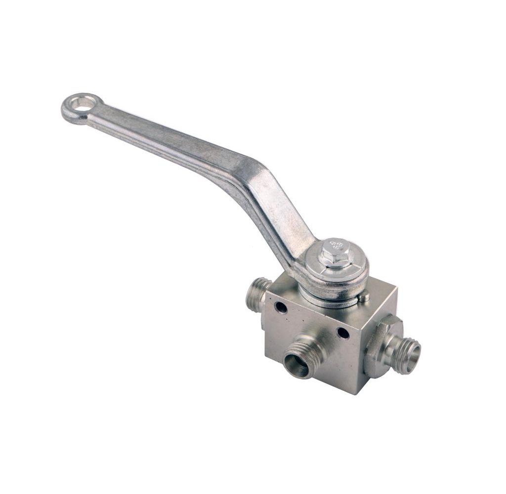 Zawór kulowy hydrauliczny 3-drogowy 3/2 M14x1.5 08L z otworami mocującymi 500 bar Waryński