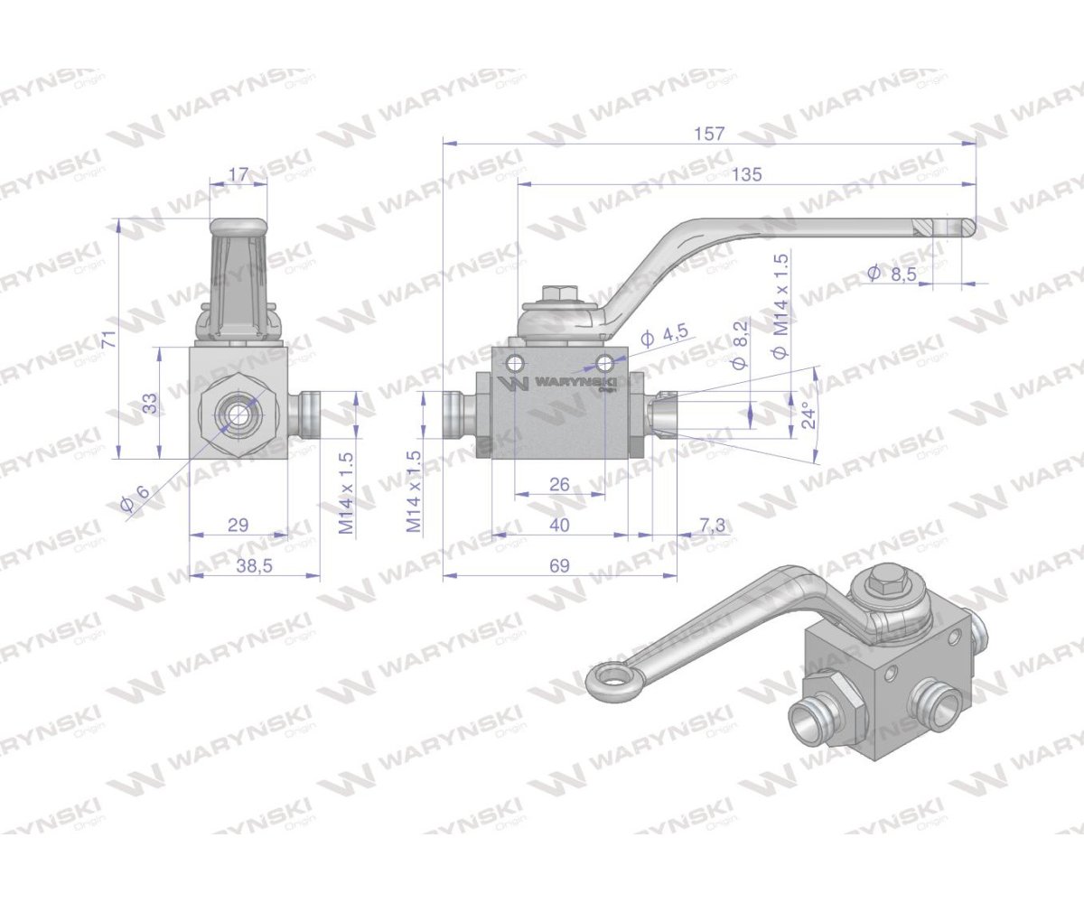 Zawór kulowy hydrauliczny 3-drogowy 3/2 M14x1.5 08L z otworami mocującymi 500 bar Waryński