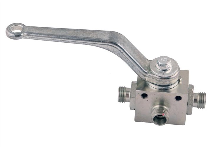 Zawór kulowy hydrauliczny 3-drogowy 3/2 M14x1.5 08L z otworami mocującymi 500 bar Waryński