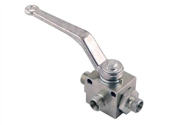 Zawór kulowy hydrauliczny 3-drogowy 3/2 M16x1.5 10L z otworami mocującymi 500 bar Waryński