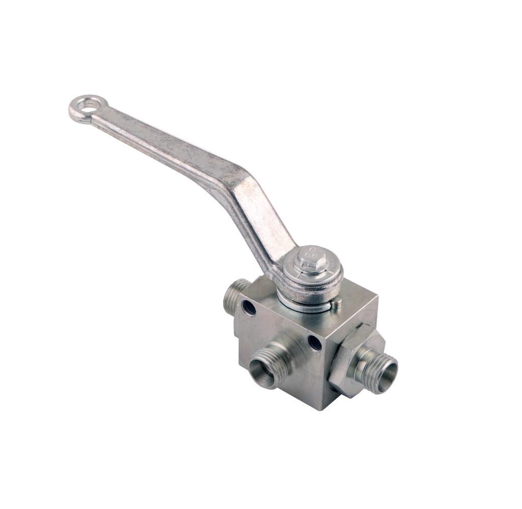 Zawór kulowy hydrauliczny 3-drogowy 3/2 M16x1.5 10L z otworami mocującymi 500 bar Waryński