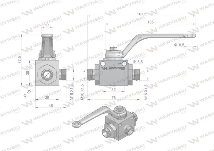 Zawór kulowy hydrauliczny 3-drogowy 3/2 M18x1.5 12L z otworami mocującymi 500 bar Waryński