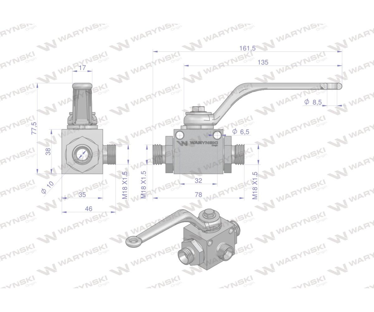 Zawór kulowy hydrauliczny 3-drogowy 3/2 M18x1.5 12L z otworami mocującymi 500 bar Waryński