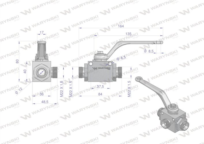 Zawór kulowy hydrauliczny 3-drogowy 3/2 M22x1.5 15L z otworami mocującymi 500 bar Waryński