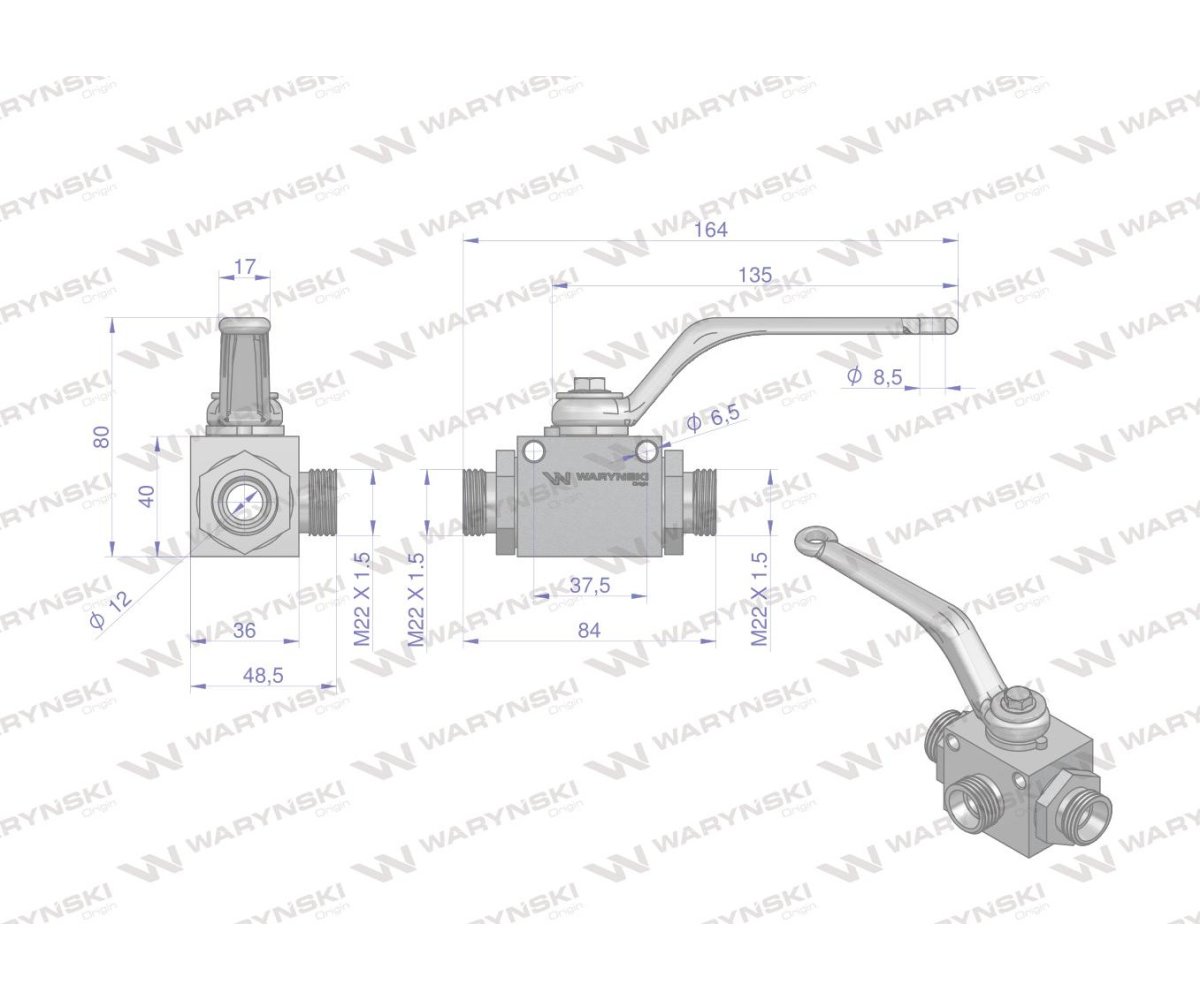 Zawór kulowy hydrauliczny 3-drogowy 3/2 M22x1.5 15L z otworami mocującymi 500 bar Waryński