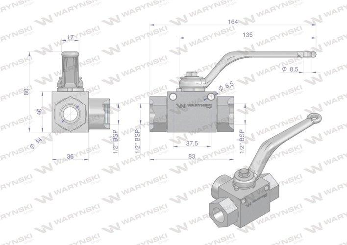 Zawór kulowy hydrauliczny 3-drogowy 3/2 - 1/2"BSP z otworami mocującymi 500 bar Waryński