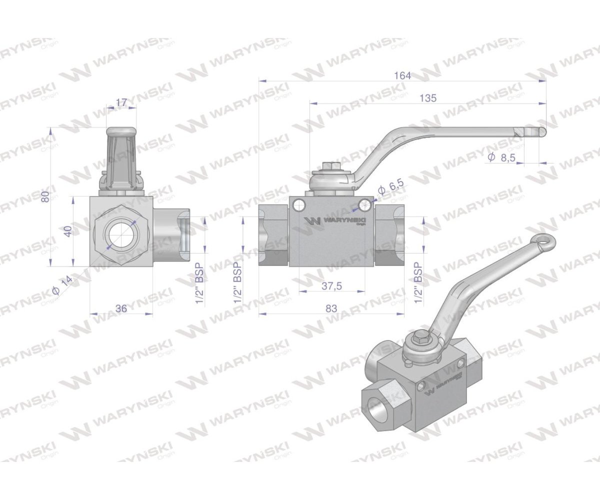 Zawór kulowy hydrauliczny 3-drogowy 3/2 - 1/2"BSP z otworami mocującymi 500 bar Waryński