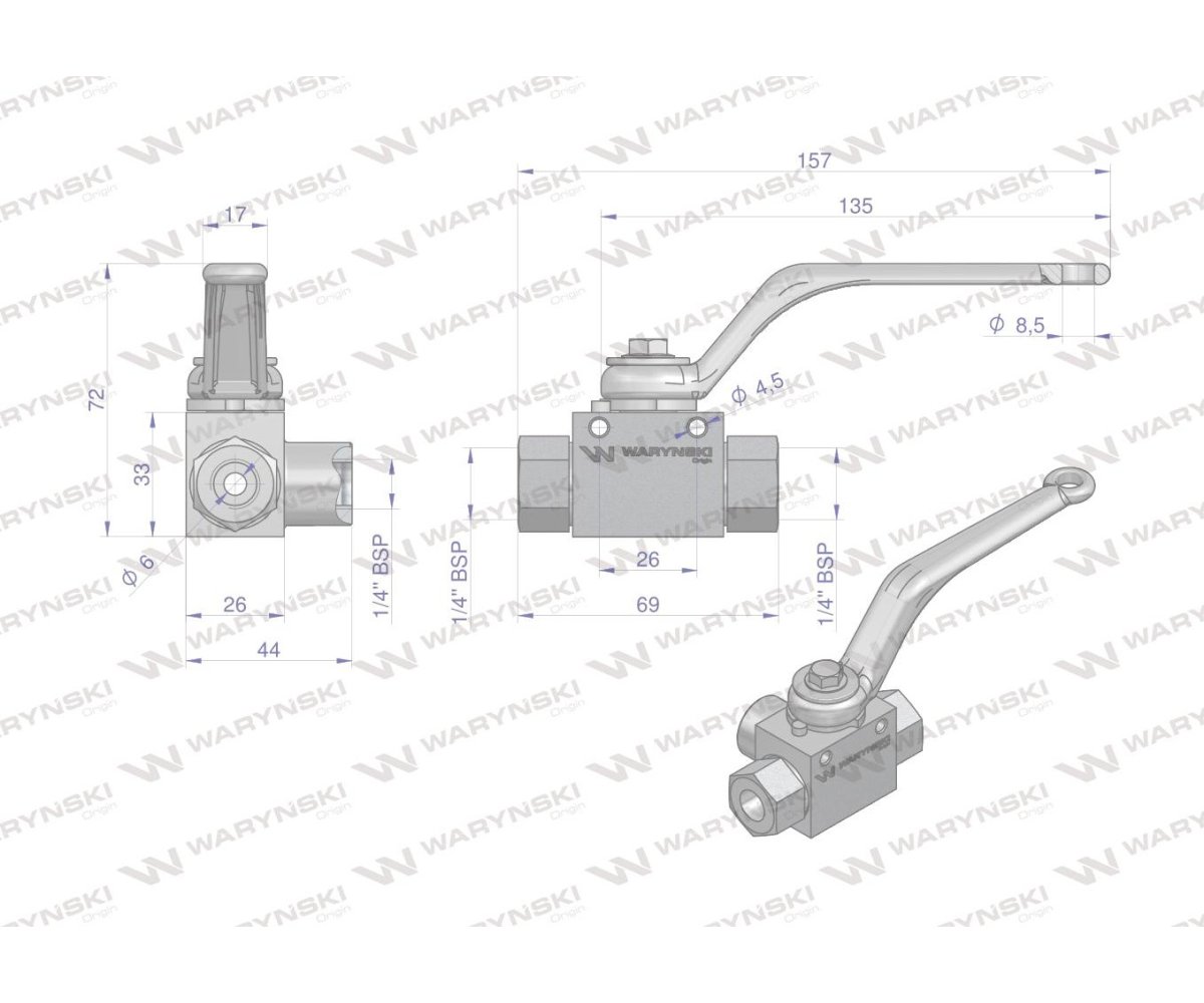 Zawór kulowy hydrauliczny 3-drogowy 3/2 - 1/4"BSP z otworami mocującymi 500 bar Waryński