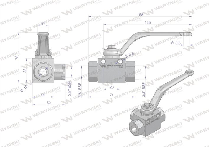 Zawór kulowy hydrauliczny 3-drogowy 3/2 - 3/8"BSP z otworami mocującymi 500 bar Waryński
