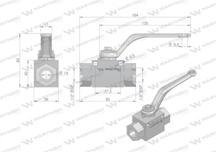 Zawór kulowy hydrauliczny 2-drogowy 2/2 - 1/2"BSP z otworami mocującymi 500 bar Waryński