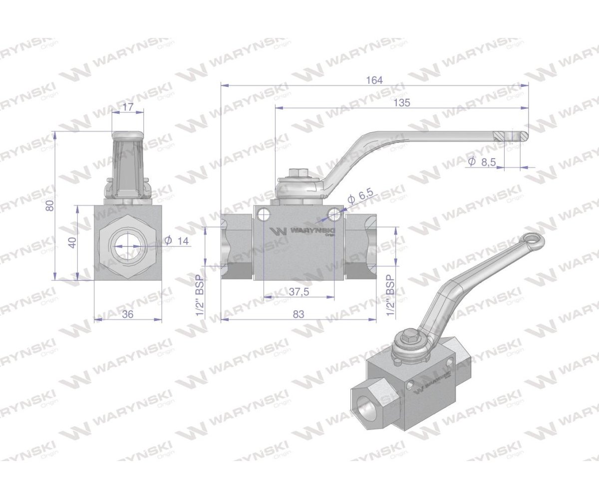 Zawór kulowy hydrauliczny 2-drogowy 2/2 - 1/2"BSP z otworami mocującymi 500 bar Waryński