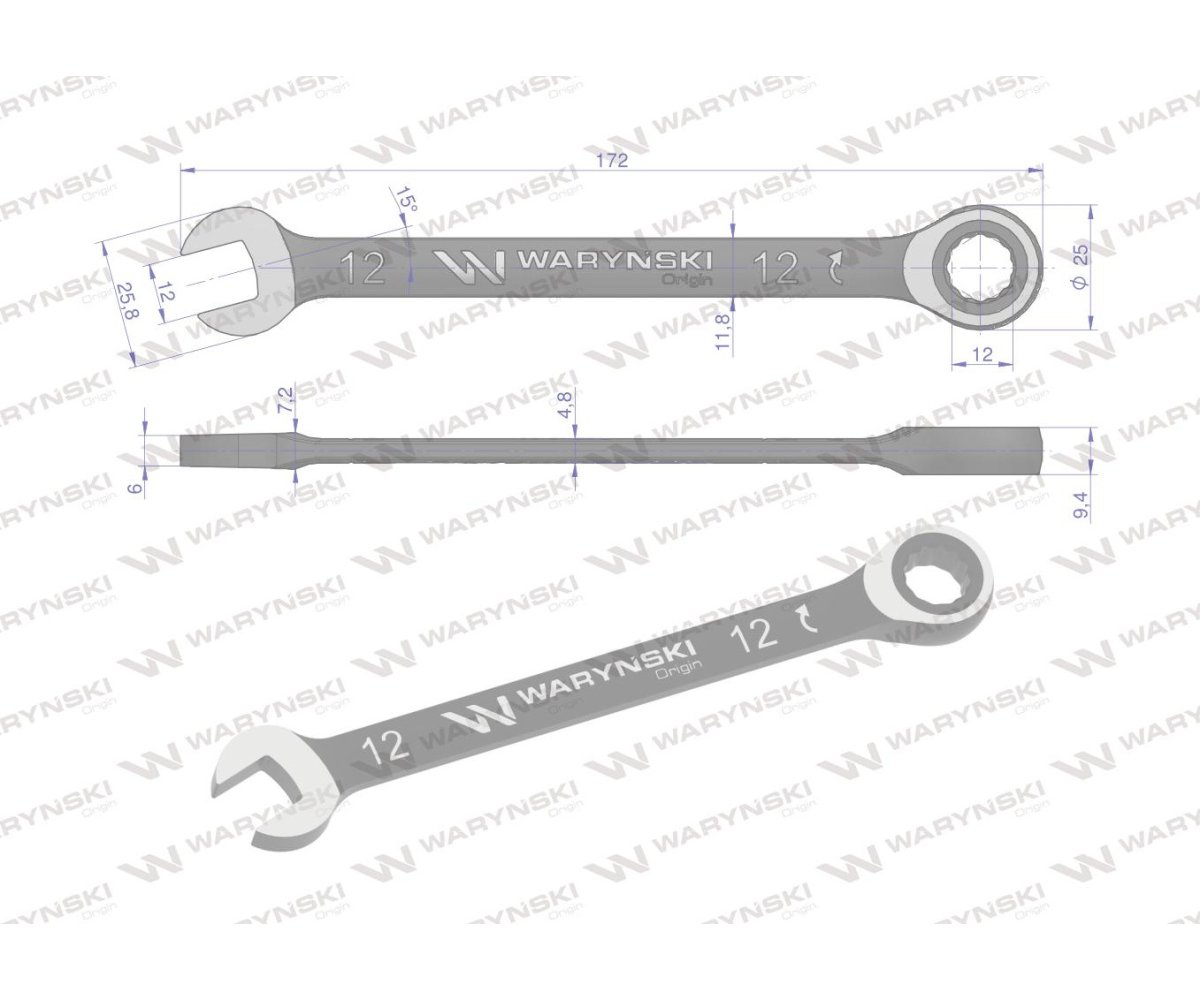 Klucz płasko-oczkowy 12 mm z grzechotką 72 zęby standard ASME B107-2010 Waryński