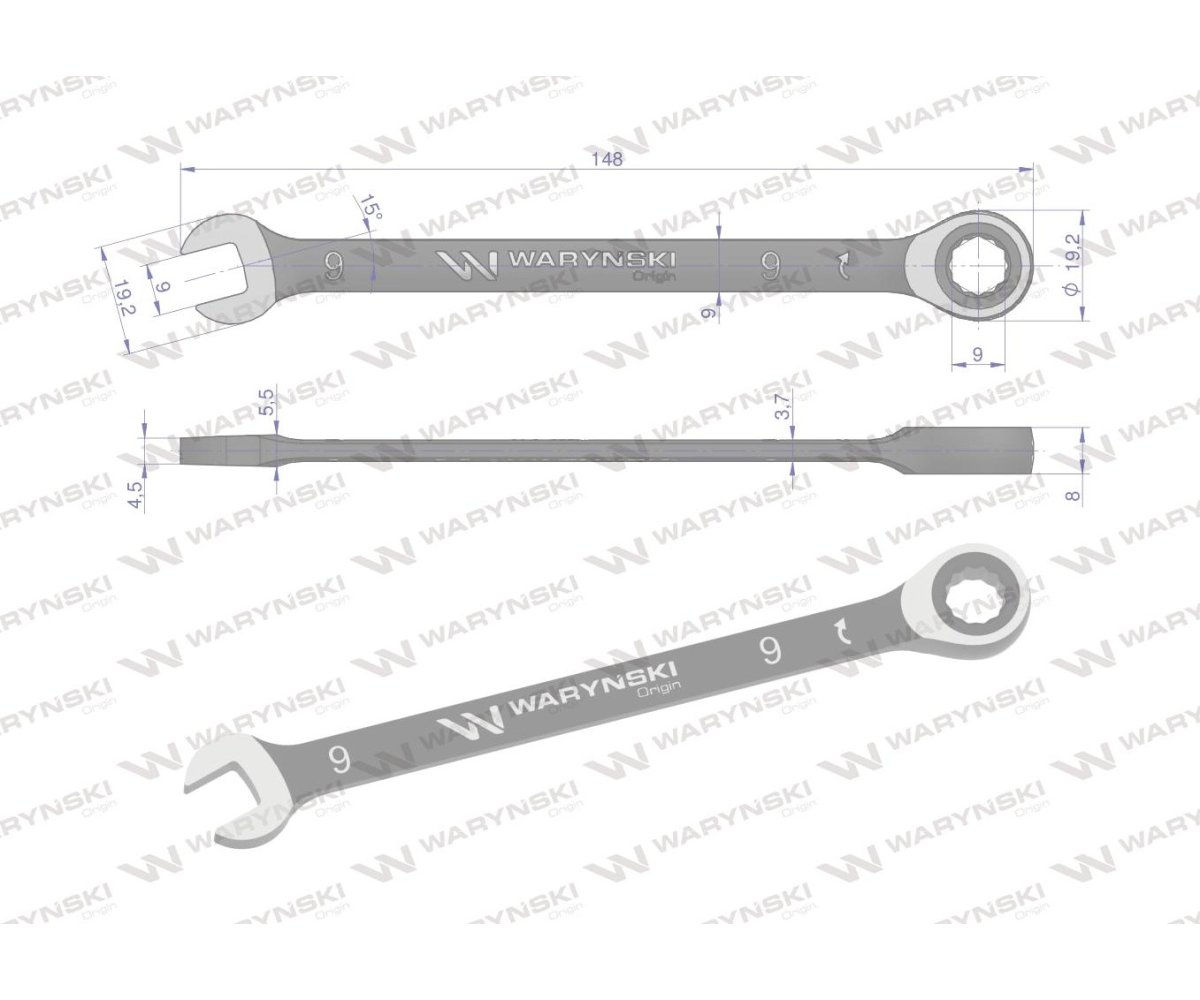 Klucz płasko-oczkowy 9 mm z grzechotką 72 zęby standard ASME B107-2010 Waryński