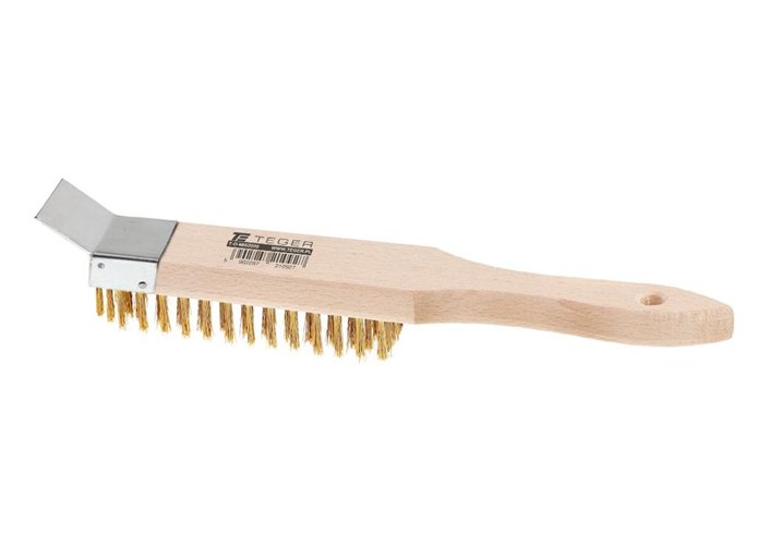 Szczotka druciana do rdzy PREMIUM - ze skrobakiem - drut mosiężny / 4 rzędowa / TEGER