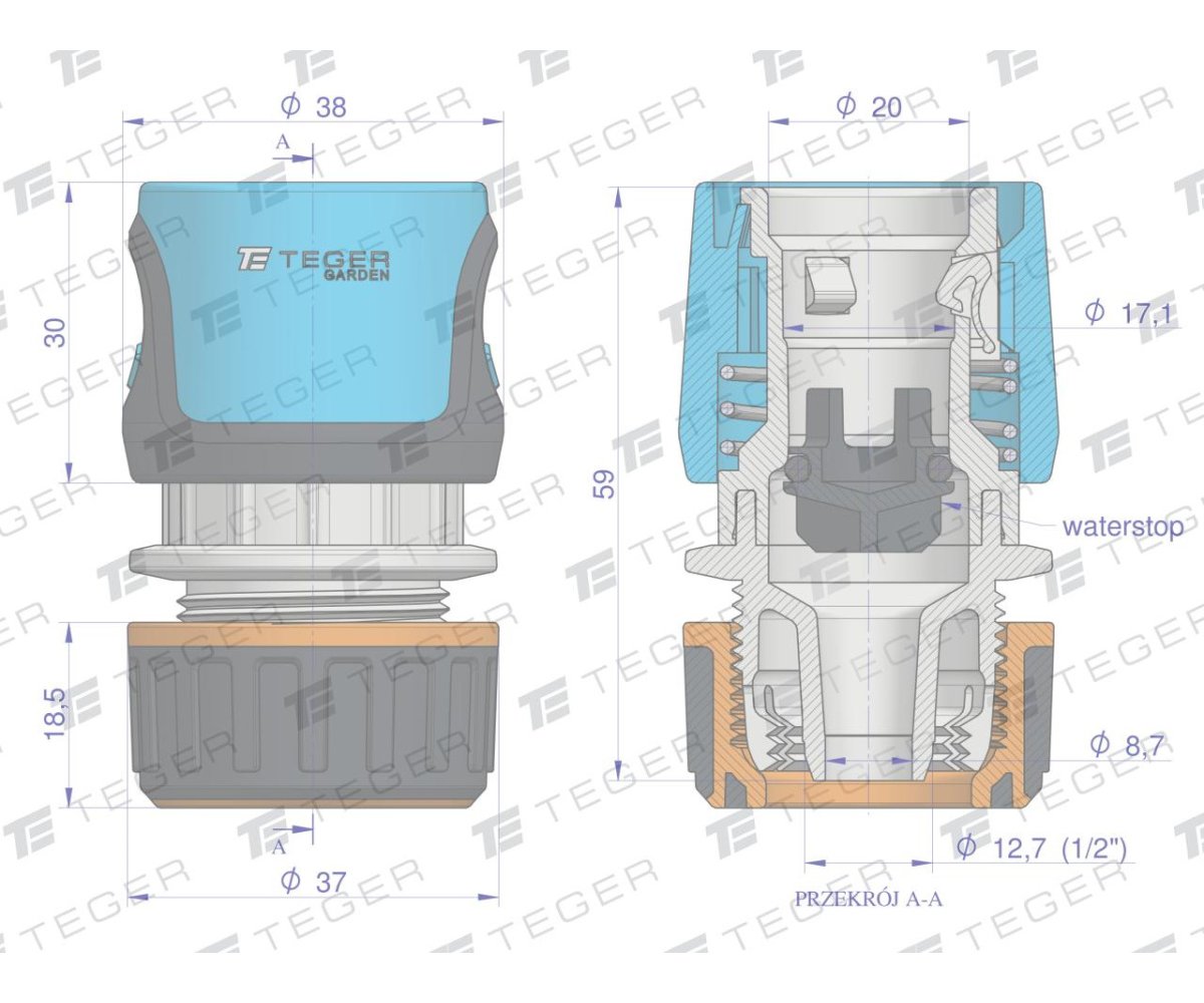 Szybkozłączka 1/2" - z waterstop / TEGER