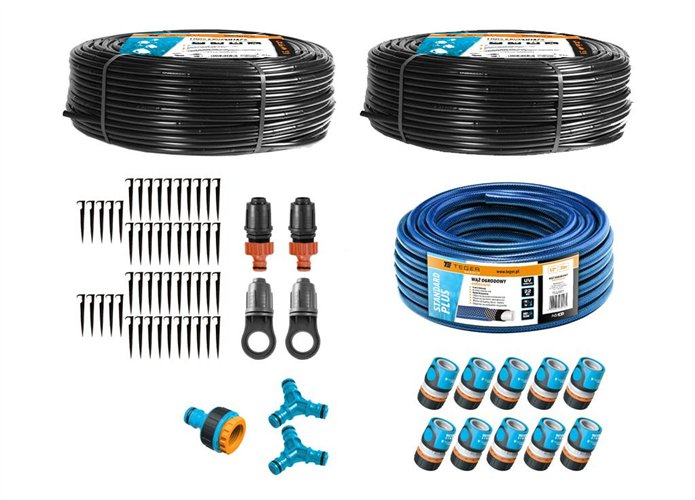 Zestaw nawadniania kropelkowego STANDARD PLUS 100 m (2 linie kroplujące. wąż 20m. szybkozłączki) / TEGER