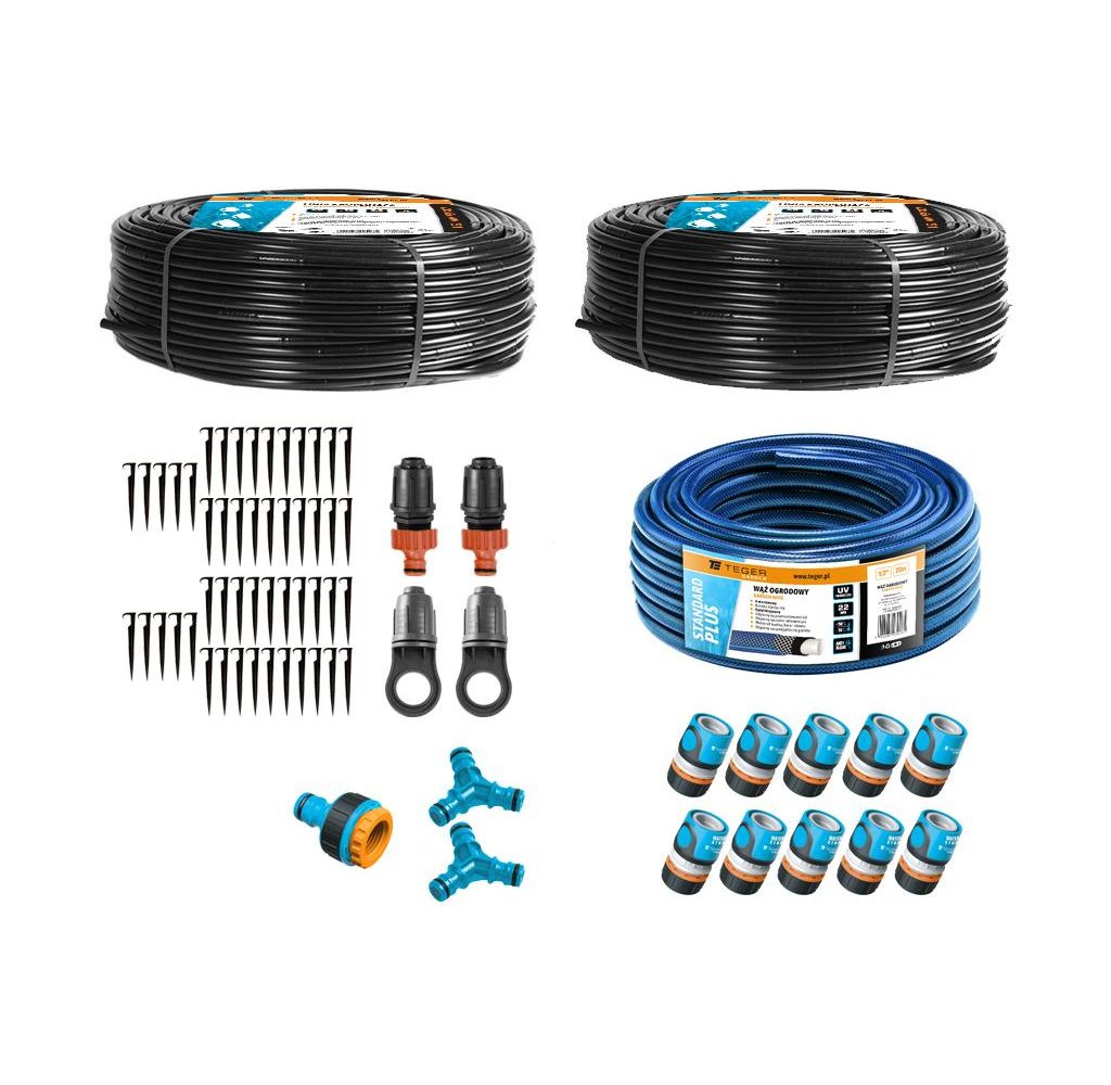 Zestaw nawadniania kropelkowego STANDARD PLUS 100 m (2 linie kroplujące. wąż 20m. szybkozłączki) / TEGER