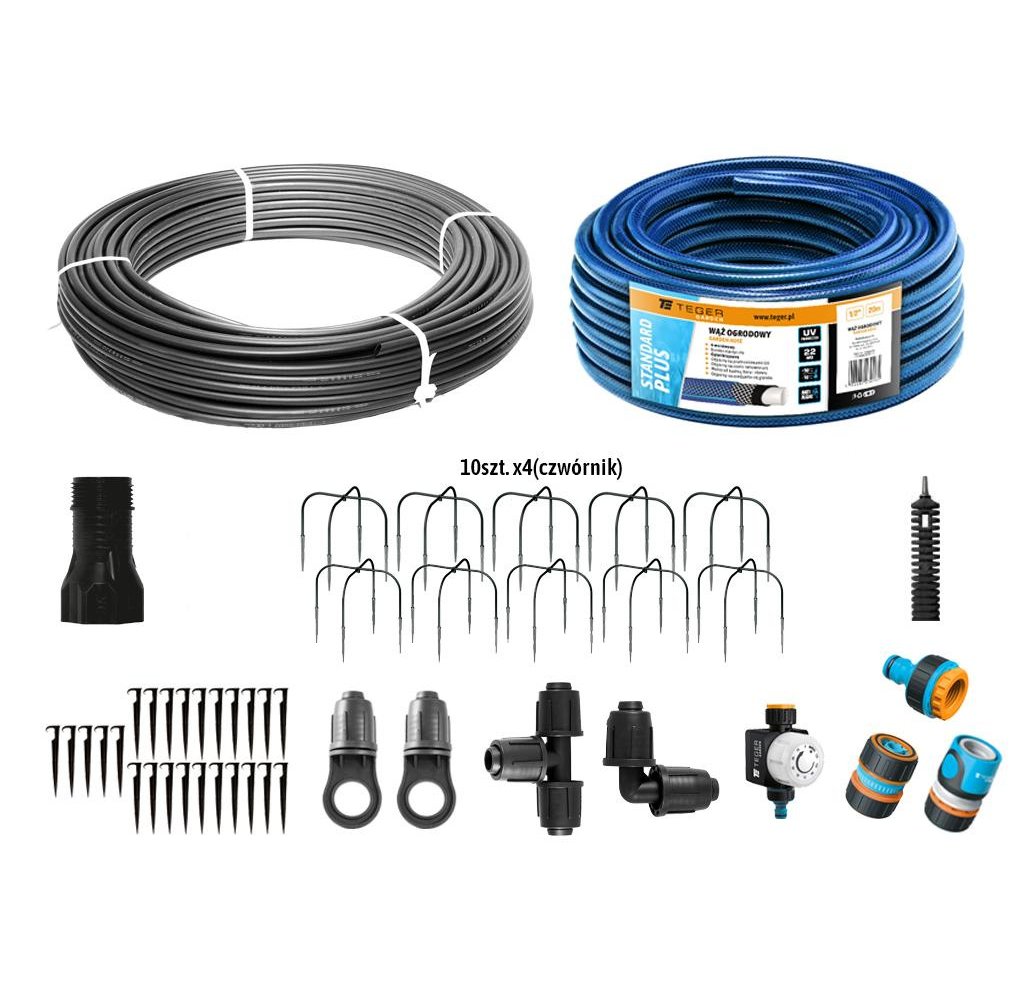 Zestaw nawadniania kropelkowego PROFESSIONAL 10 m z reduktorem ciśnienia (2 linie kroplujące. wąż 20m. szybkozłączki. zegar) / T