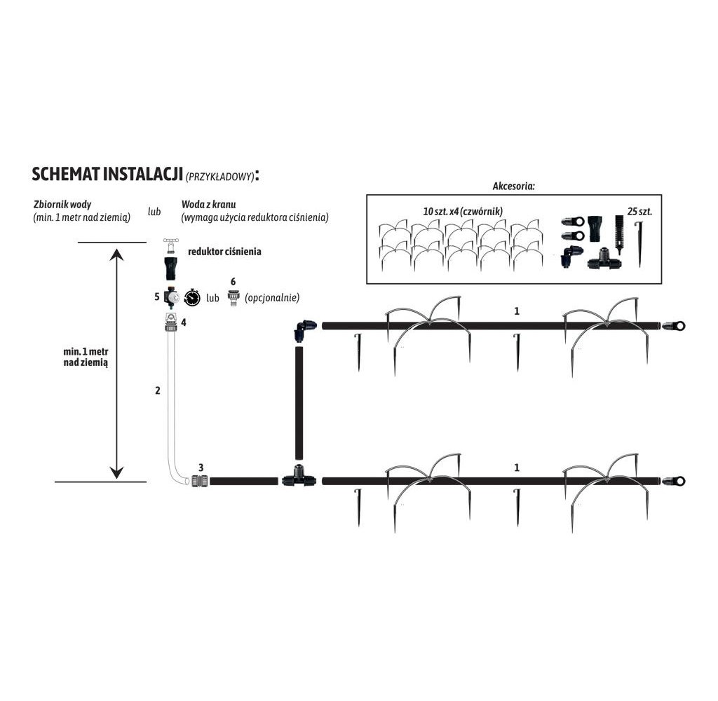Zestaw nawadniania kropelkowego PROFESSIONAL 10 m z reduktorem ciśnienia (2 linie kroplujące. wąż 20m. szybkozłączki. zegar) / T