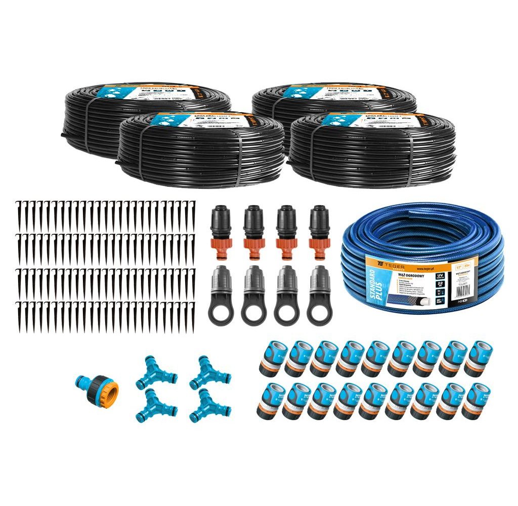 Zestaw nawadniania kropelkowego STANDARD PLUS 200 m (4 linie kroplujące. wąż 20m. szybkozłączki) / TEGER
