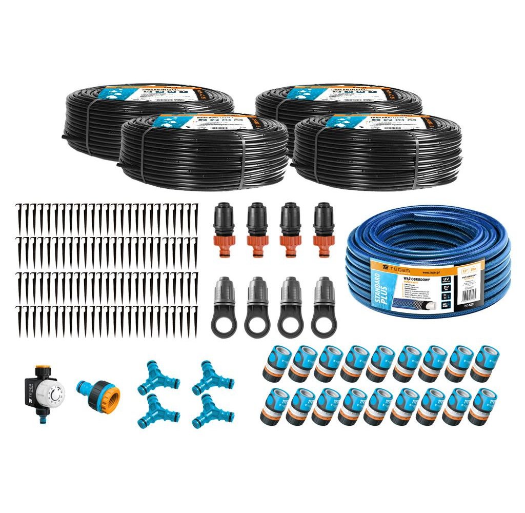 Zestaw nawadniania kropelkowego PROFESSIONAL 200 m z kompensacją (4 linie kroplujące. wąż 20m. szybkozłączki. zegar) / TEGER