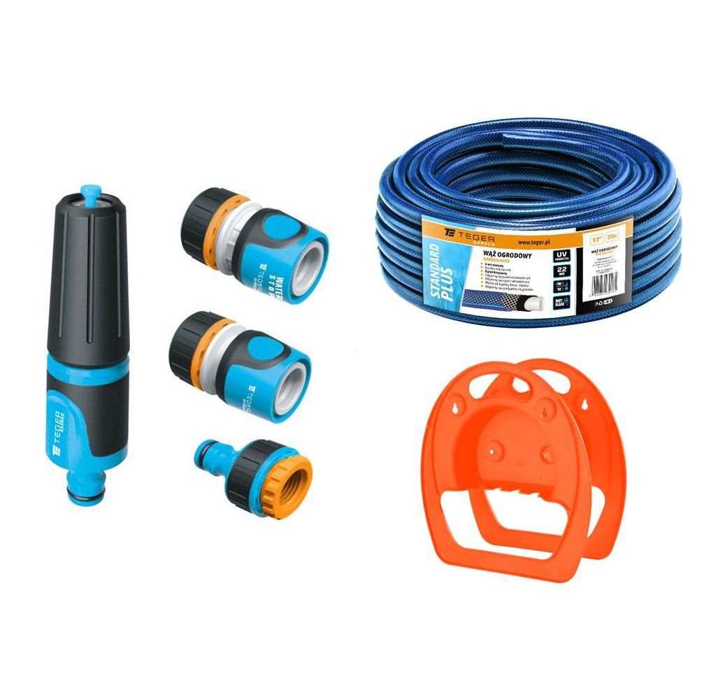 Zestaw ogrodowy 1/2" (wąż 20m. zestaw natryskowy. wieszak na wąż) / TEGER
