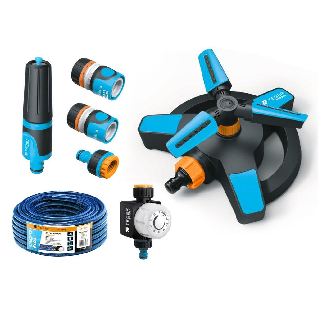 Zestaw ogrodowy 1/2" (wąż 20m. zestaw natryskowy. zegar. zraszacz) / TEGER