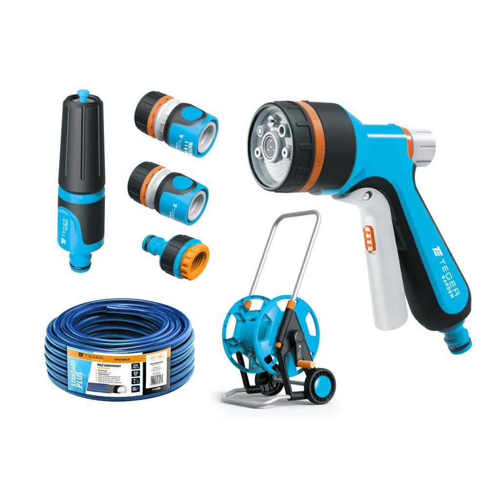 Zestaw ogrodowy 1/2" (wąż 20m. zestaw natryskowy. pistolet. wózek na wąż) / TEGER