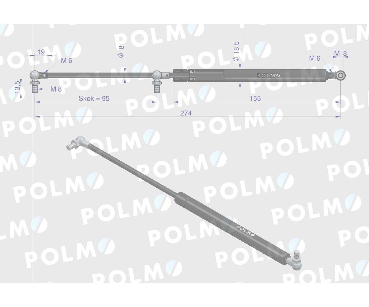 Siłownik drzwi L max. 274mm 5089549P CASE IH POLMO