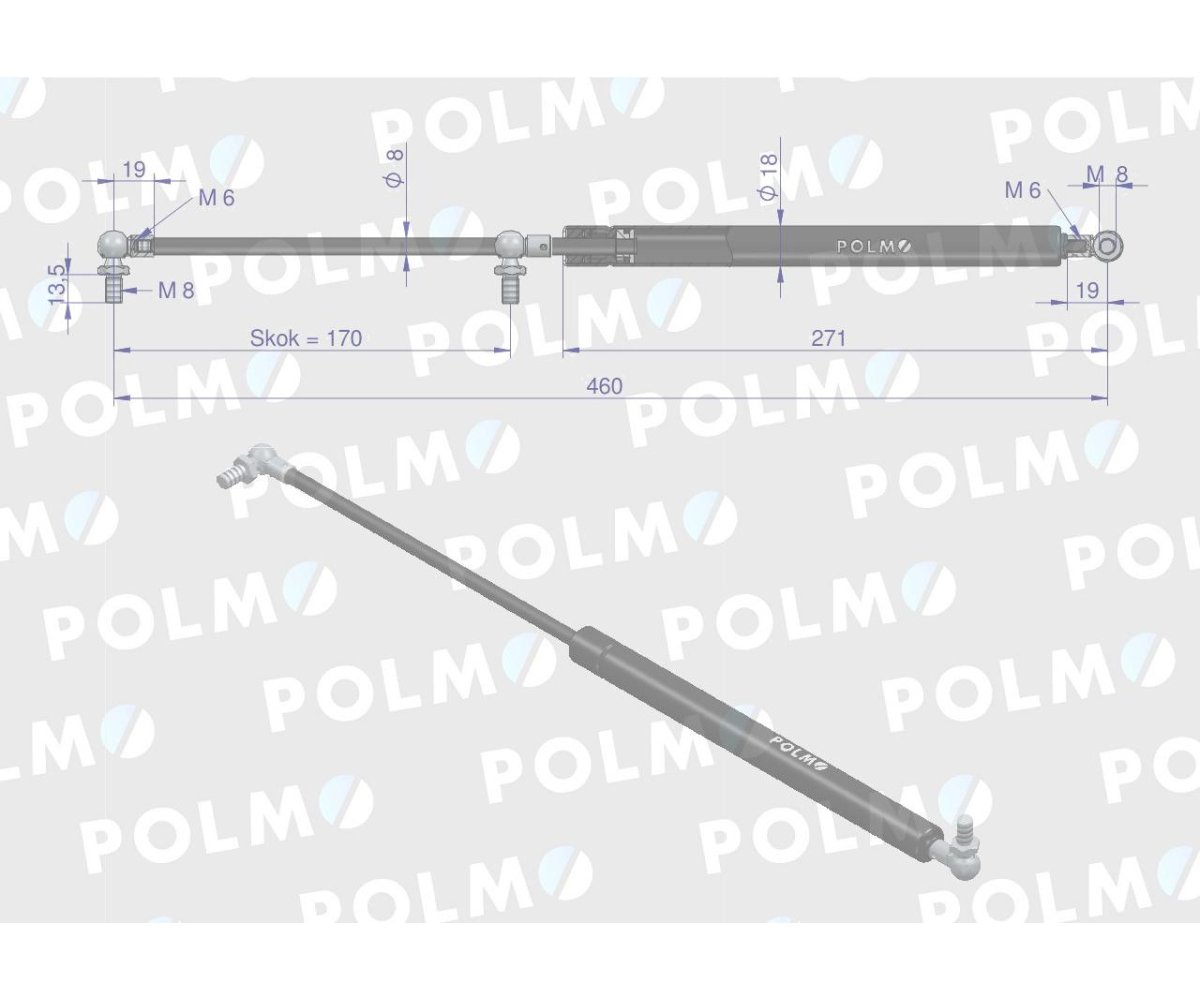 Siłownik szyby przedniej szyby tylnej 5089567P L max. 460mm CASE IH NEW HOLLAND CASE IH FIAT MASSEY FERGUSON NEW HOLLAND POLMO