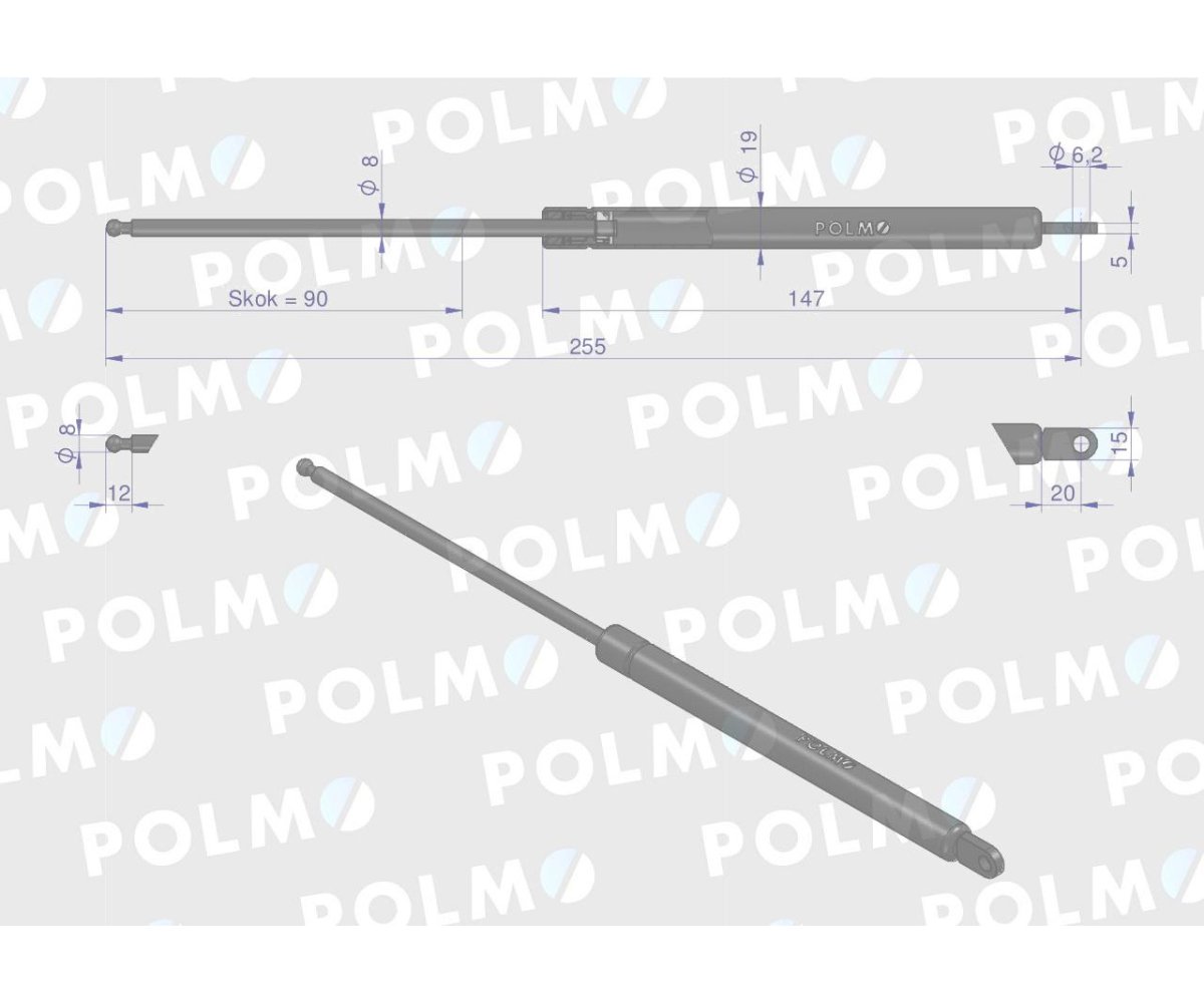 Siłownik szyberdachu L max. 255mm 65417046 FIAT POLMO