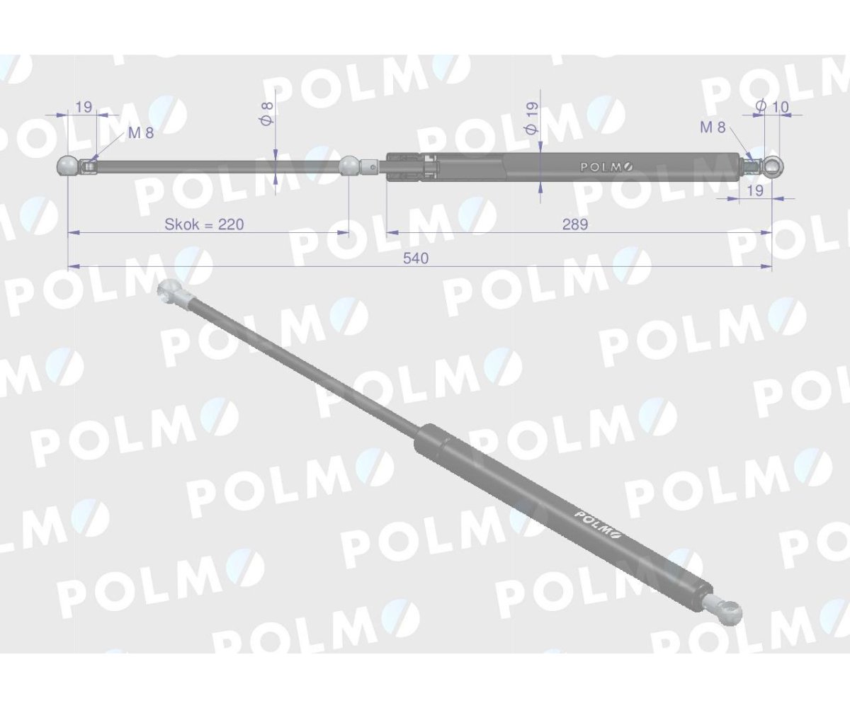 Siłownik drzwi L max. 540mm 65417043 FIAT POLMO