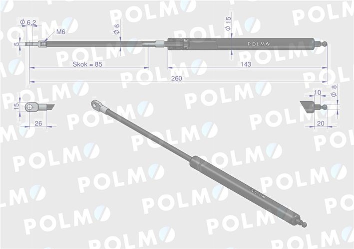 Siłownik szyberdachu L max. 260mm 65417044 FIAT POLMO