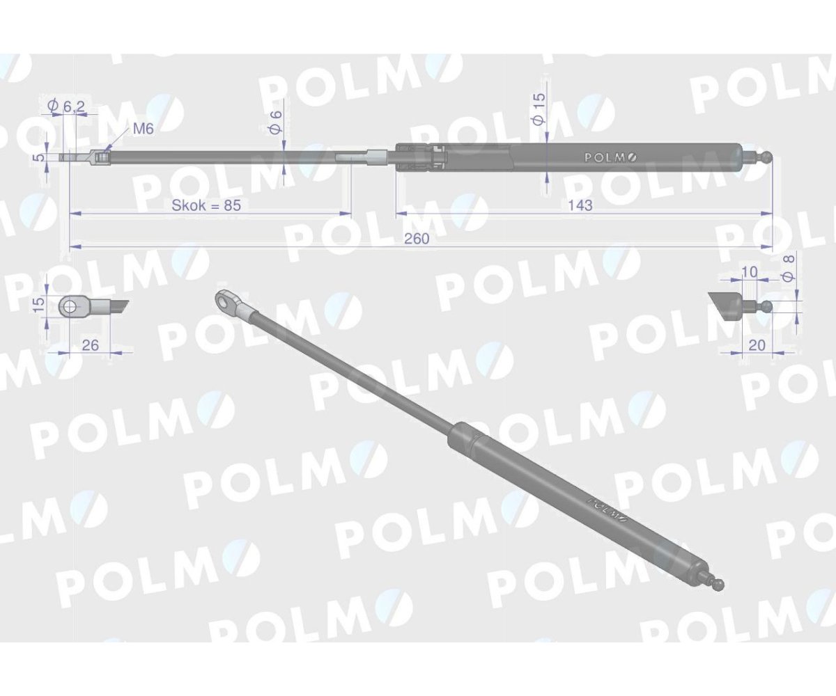 Siłownik szyberdachu L max. 260mm 65417044 FIAT POLMO
